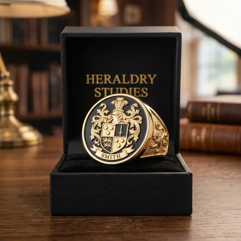 A gold signet ring engraved with a Coat of Arms in its presentation box