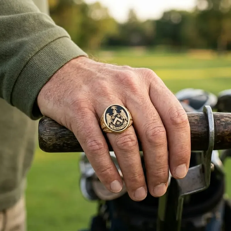 A man wearing a gold signet ring engraved with a Coat of Arms